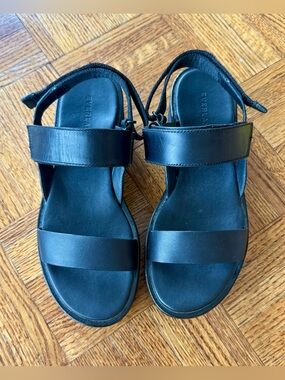Everlane Black Leather Eva Platform Strappy Sandals